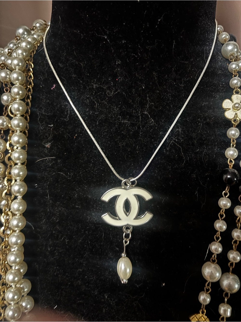 Upcycled CHANEL Reversible Black/ White Charm. Unique Silver Chain